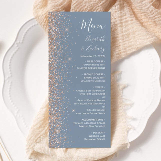 Modern Pepon Glitter Dammt Blått Bröllop Meny (Skapare uppladdad)