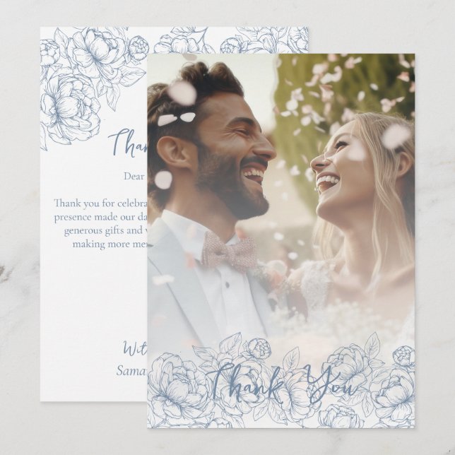 Modern Periwinkle Blue Boho Elegant bröllop Photo Tack Kort (Fram/baksida)