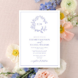 Modern Periwinkle Leafy Vapensköld Monogram Bröllo Inbjudningar