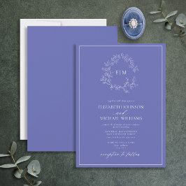 Modern Periwinkle Leafy Vapensköld Monogram Bröllo Inbjudningar