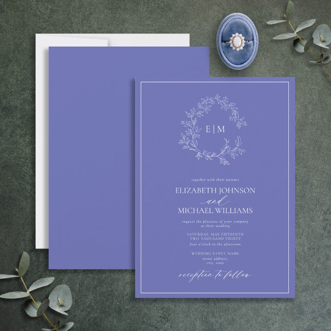 Modern Periwinkle Leafy Vapensköld Monogram Bröllo Inbjudningar (Skapare uppladdad)