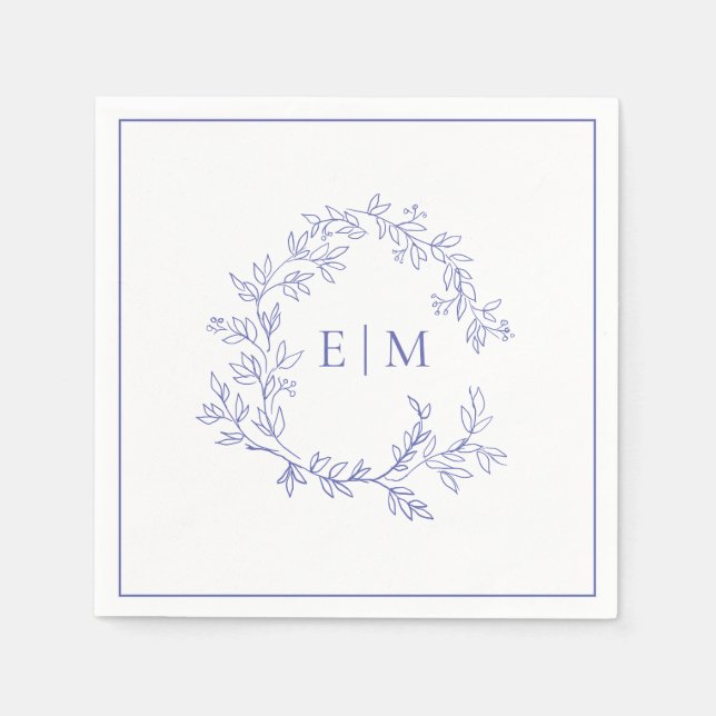 Modern Periwinkle Leafy Vapensköld Monogram Bröllo Pappersservett (Framsidan)