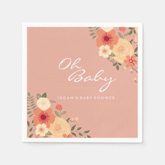 Modern persiko-Blommigt Oh Baby Shower Napkins Pappersservett (Framsidan)