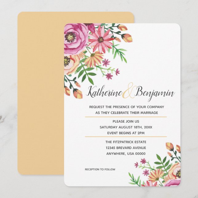 Modern persikofärgad bröllopsinbjudan med blommor inbjudningar (Fram/baksida)