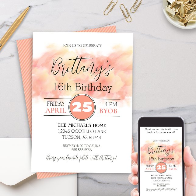 Modern persikokorall 16:e på födelsedag inbjudningar (Modern Elegant Peach Coral Birthday Party Invitation for sweet sixteen birthday party invites.)