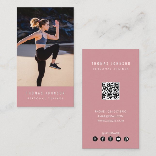 Modern Personal Fitness Photo QR Code Rosa Visitkort (Fram/baksida)