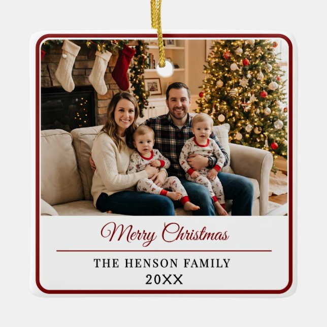 Modern Personalized Family Photo Merry Christmas  Julgransprydnad Keramik (Framsida)