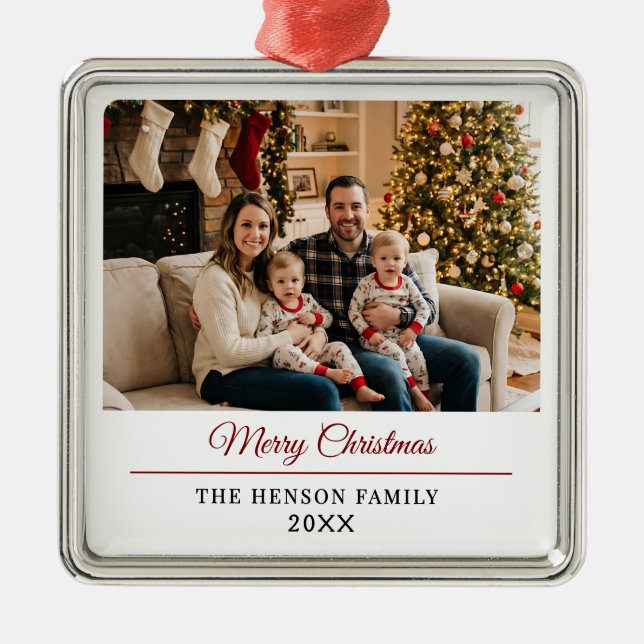 Modern Personalized Family Photo Merry Christmas  Julgransprydnad Metall (Framsidan)