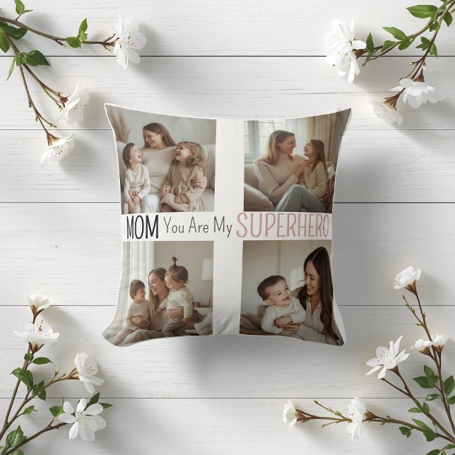 Modern Personalized Mom Superhero Photo Collage  Kudde (Skapare uppladdad)