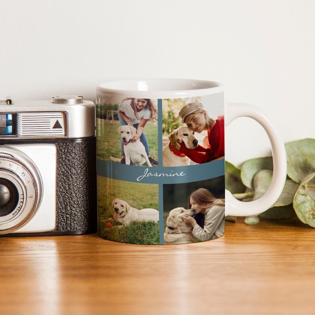 Modern Personlig 10 Photos Hund Teal Blue Kaffemugg (Celebrate your furbaby with this photo collage mug.)