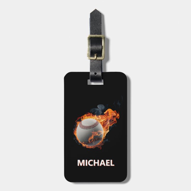 Modern Personlig baseball boll med brand i Trendig Bagagebricka (Vertikal Framsida)