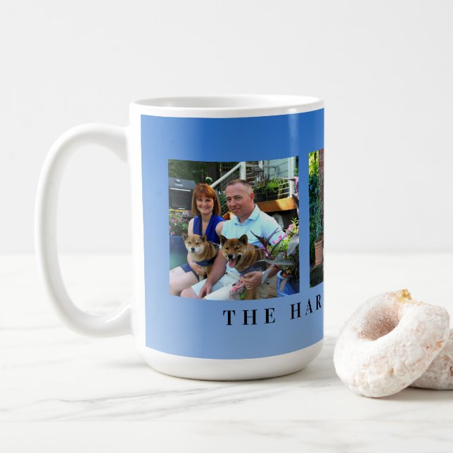 Modern Personlig Blue 3 Photo Family Collage Kaffemugg (Med munk)