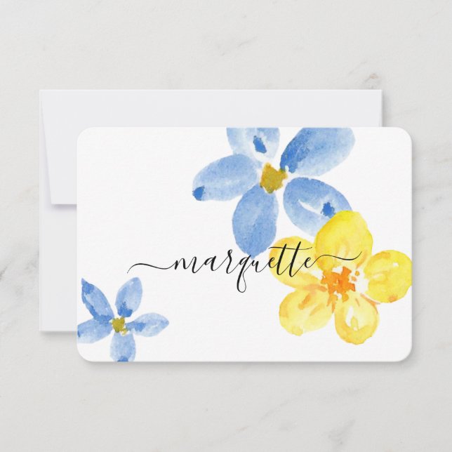 Modern Personlig Blue Gult Watercolor Flowers Tack Kort (Framsida)