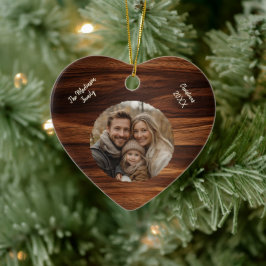 Modern Personlig Family Photo Woodgrain Heart Julgransprydnad Keramik