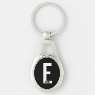 Modern personlig fet monogram och namn ovalt silverfärgad nyckelring