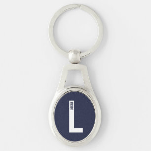 Modern personlig fet monogram och namn ovalt silverfärgad nyckelring