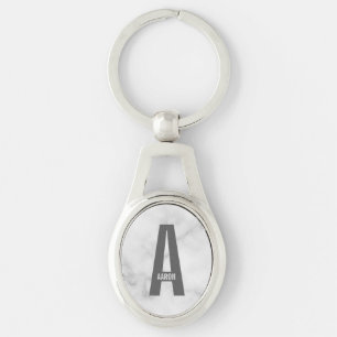Modern personlig fet monogram och namn ovalt silverfärgad nyckelring