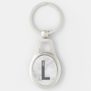 Modern personlig fet monogram och namn ovalt silverfärgad nyckelring