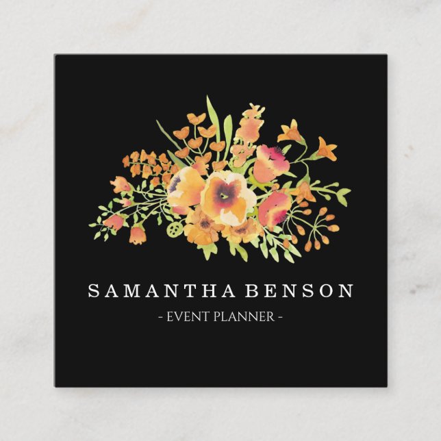 Modern Personlig för Blommigt av svart vattenfärg  Fyrkantigt Visitkort (Framsida)