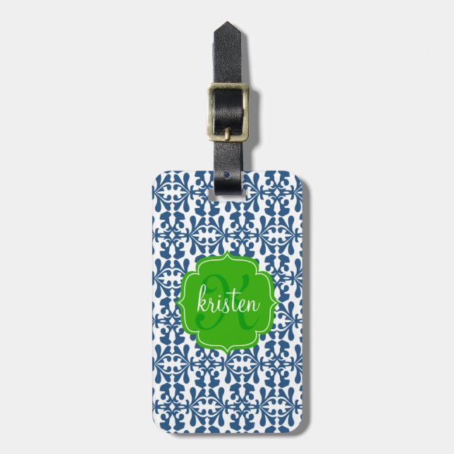 Modern Personlig för Grönt av blå Arabeque Damask Bagagebricka (Vertikal Framsida)