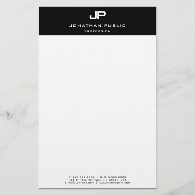 Modern Personlig för svartvit Elegant Brevpapper (Framsida)