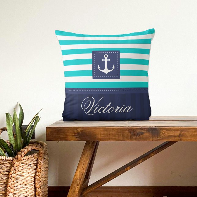 Modern Personlig för turkos-marinankardesign Kudde (Skapare uppladdad)