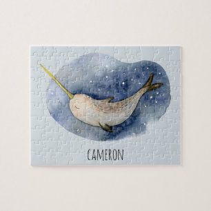Modern Personlig för vattenfärg Narwhal Blue Oce Pussel