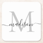 Modern Personlig Grått Monogram Script Namn Underlägg Papper Kvadrat<br><div class="desc">Elegant Modern Personlig Silver Grått Black Monogram Script Namn Initial Papper Underlägg</div>