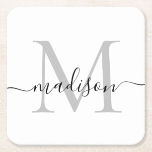 Modern Personlig Grått Monogram Script Namn Underlägg Papper Kvadrat