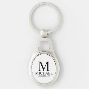 Modern Personlig Groomsman Namn och Monogram Ovalt Silverfärgad Nyckelring