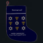 Modern Personlig Hanukkah, liten jul Lagrar<br><div class="desc">Modern, personlig midnattblått LYCKLIG HANUKKAH-strumpning, som visar Faux guld och silver STAR OF DAVID och MENORAH i ett mönster i sidled. Texten läser LYCKLIG HANUKKAH med en platshållarfamilj eller namn och är ANPASSADE, så du kan PERSONALISERA den genom att lägga till ditt namn eller annan text. Du kan också lägga...</div>