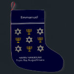 Modern Personlig Hanukkah, liten jul Lagrar Liten Julstrumpa<br><div class="desc">Modern, personlig midnattblått LYCKLIG HANUKKAH-strumpning, som visar Faux guld och silver STAR OF DAVID och MENORAH i ett mönster i sidled. Texten läser LYCKLIG HANUKKAH med en platshållarfamilj eller namn och är ANPASSADE, så du kan PERSONALISERA den genom att lägga till ditt namn eller annan text. Du kan också lägga...</div>