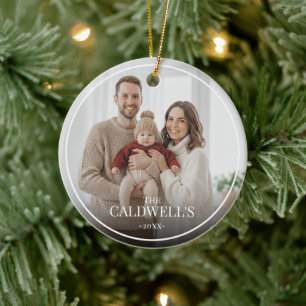 Modern personlig kantöverlagring familjefoto julgransprydnad keramik