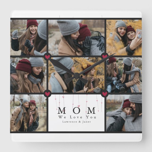 Modern Personlig Kärlek You Mamma 8 Fotokollage Fyrkantig Klocka (Framsida)