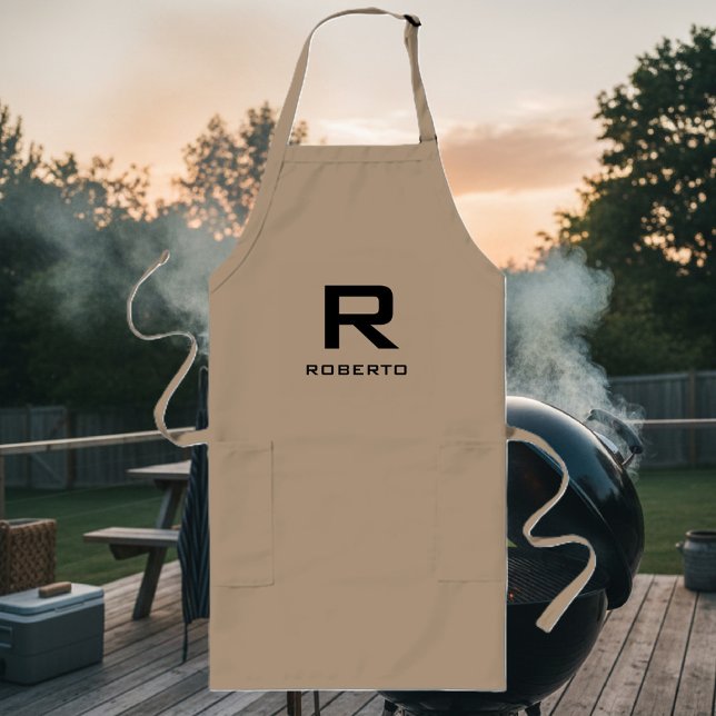Modern personlig khaki beige bbq apron för manar långt förkläde (bbq apron with name monogram)