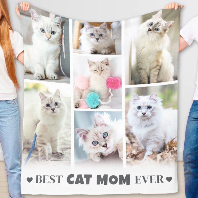 Modern Personlig Kolisage av Husdjursfoto Kattmamm Fleecefilt (Modern Personalized Pet Photo Collage Cat Mom Fleece Blanket)