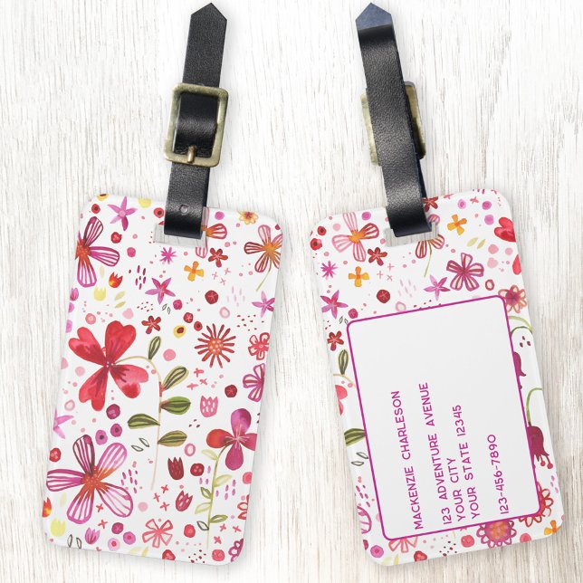Modern Personlig med färgen vild blomma Bagagebricka (Watercolor modern bright wildflower art personalized luggage tag)