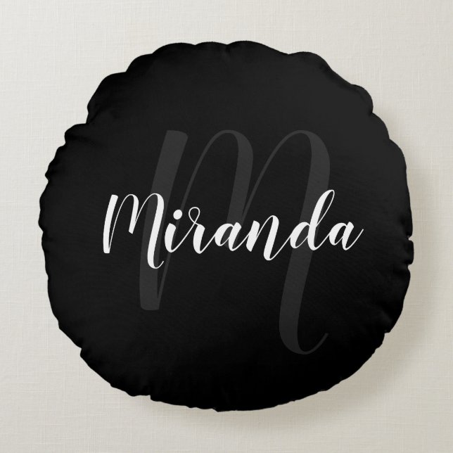 Modern Personlig Monogram och Namn Black Rund Kudde (Framsidan)