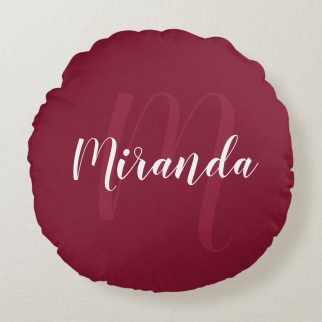 Modern personlig monogram och namn Burgunderröd Rund Kudde (Framsidan)