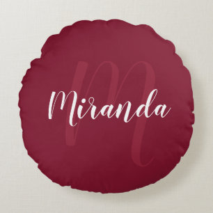 Modern Personlig Monogram och Namn Burgundy Red Rund Kudde