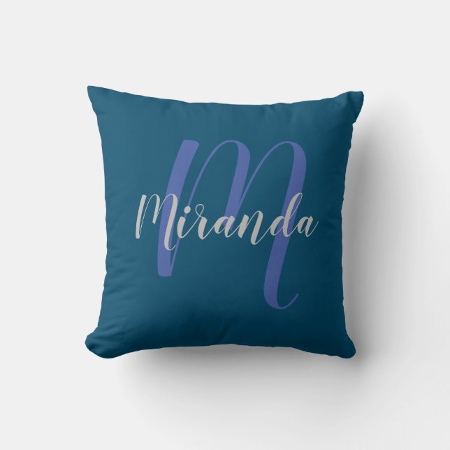 Modern Personlig Monogram och Namn marinblått Kudde (Framsida)