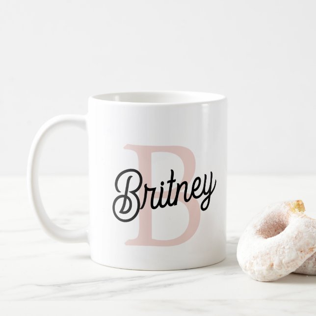 Modern Personlig Monogram och Namn Pastel Rosa Kaffemugg (Med munk)