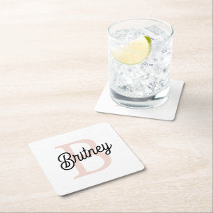 Modern Personlig Monogram och Namn Pastel Rosa Underlägg Papper Kvadrat