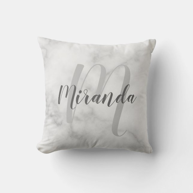 Modern Personlig Monogram och Namn White Marble Kudde (Framsida)