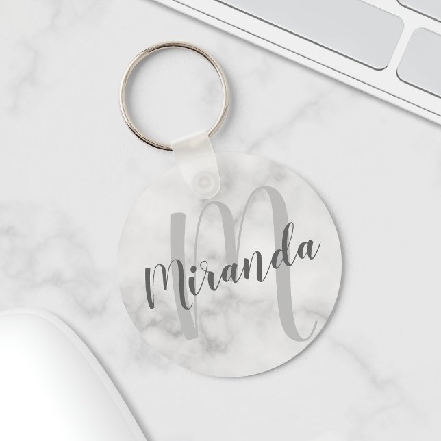 Modern Personlig Monogram och Namn White Marble Nyckelring (Skapare uppladdad)