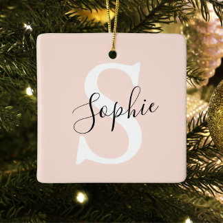 Modern Personlig Namn Monogram Pastel Rosa Julgransprydnad Keramik