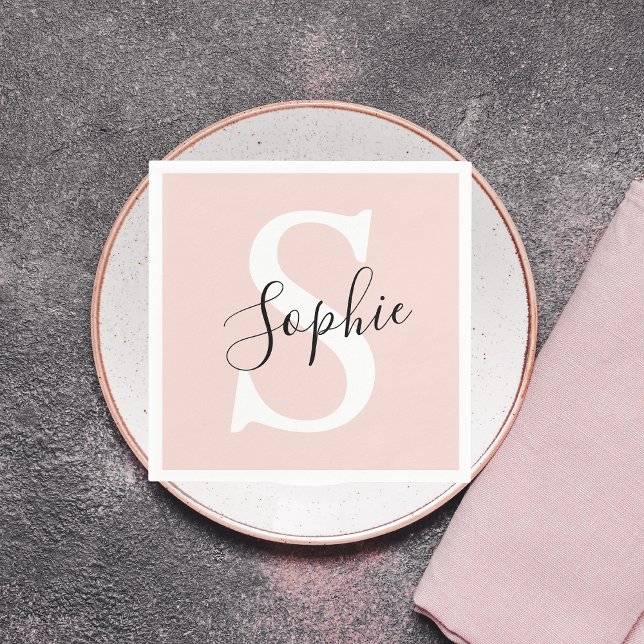 Modern Personlig Namn Monogram Pastel Rosa Pappersservett (Skapare uppladdad)