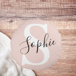 Modern Personlig Namn Monogram Pastel Rosa Rund Kudde
