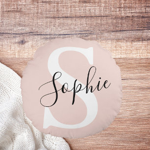 Modern Personlig Namn Monogram Pastel Rosa Rund Kudde