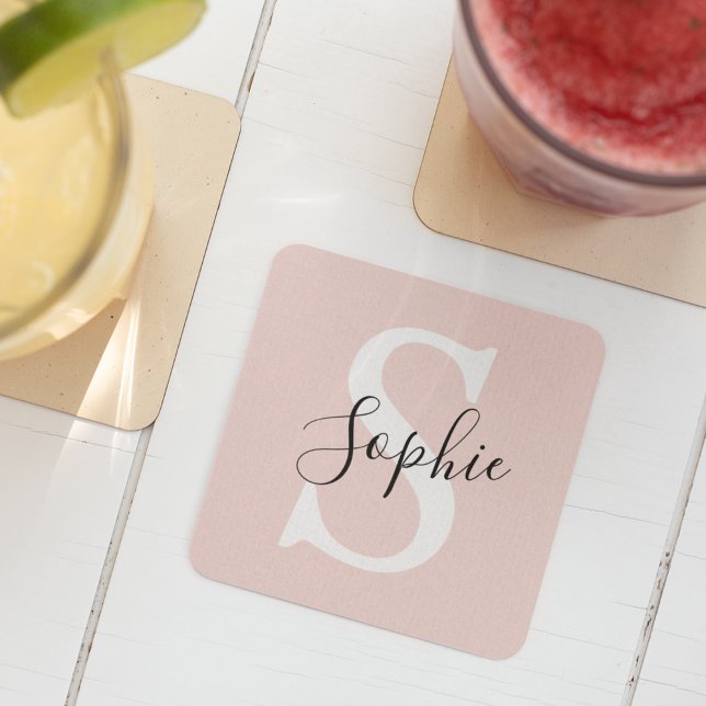 Modern Personlig Namn Monogram Pastel Rosa Underlägg Papper Kvadrat (Skapare uppladdad)